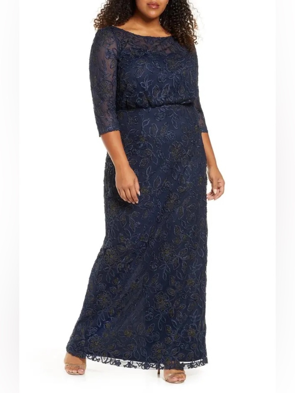 JS Collections Collections Metallic Soutache Blouson Mesh Maxi Gown Navy Blue